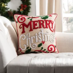 Merry Merry Pillow - Green/Red/Beige - 18" X 18" - Safavieh -Safavieh GUEST 0690baaf 788a 49f0 8186 67a6080d4e3b