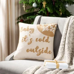 Cold Outside Pillow - Beige/Gold - 18" X 18" - Safavieh -Safavieh GUEST 5cf420fa e12f 44d8 924d 2a7e31566b20